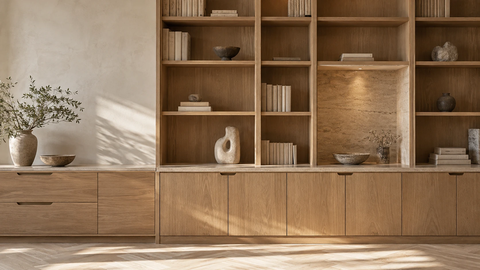 Bibliothèque sur mesure en bois avec niches ouvertes et meubles bas Bibliothèque sur mesure en bois avec niches ouvertes et meubles bas