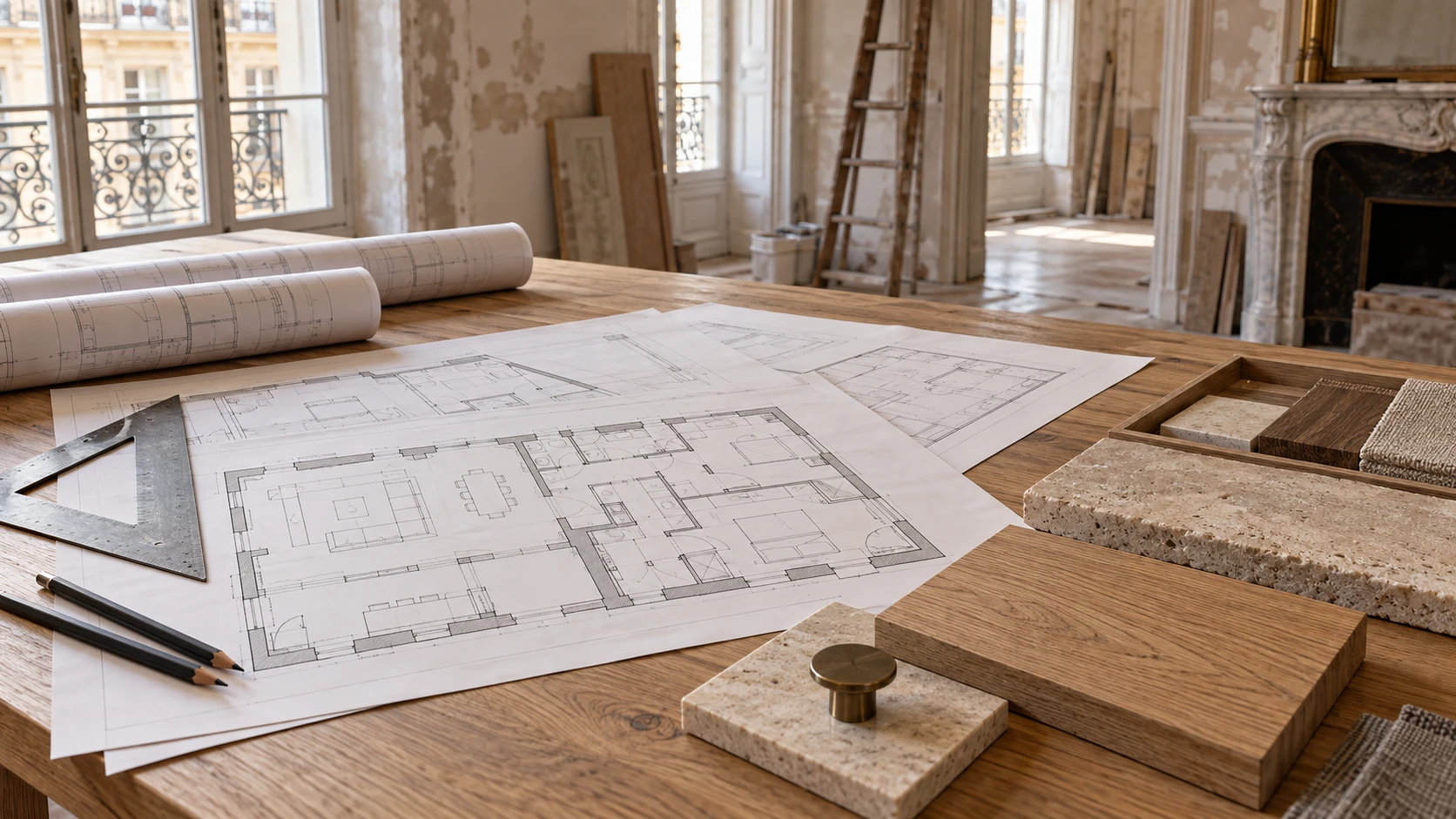Plans d’architecture intérieure et échantillons disposés sur une table de chantier Plans d’architecture intérieure et échantillons disposés sur une table de chantier