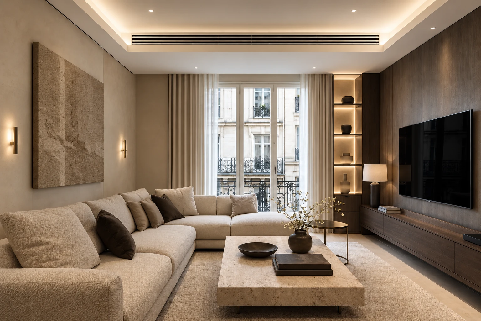 Salon parisien haut de gamme rénové avec climatisation gainable intégrée discrètement au faux plafond.