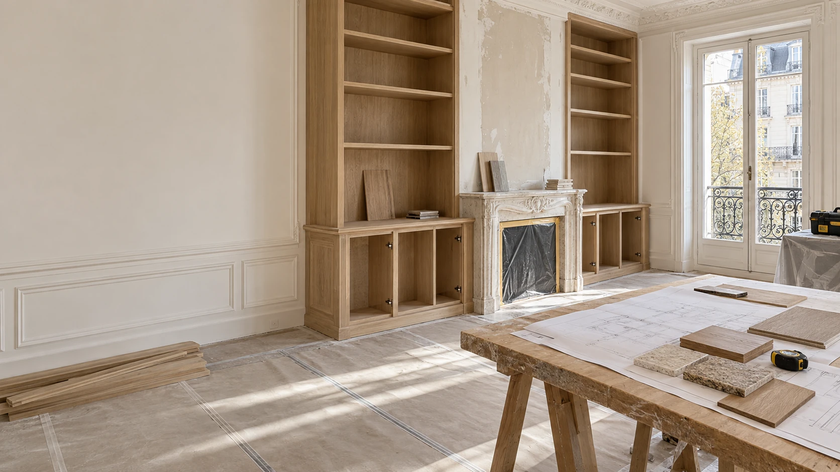 Pièce en rénovation avec bibliothèque en cours de pose et table de travail Pièce en rénovation avec bibliothèque en cours de pose et table de travail