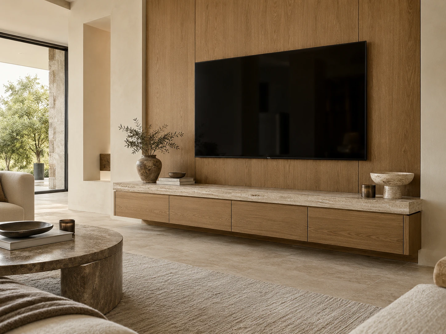 Meuble TV en bois avec panneau mural et rangements bas Meuble TV en bois avec panneau mural et rangements bas