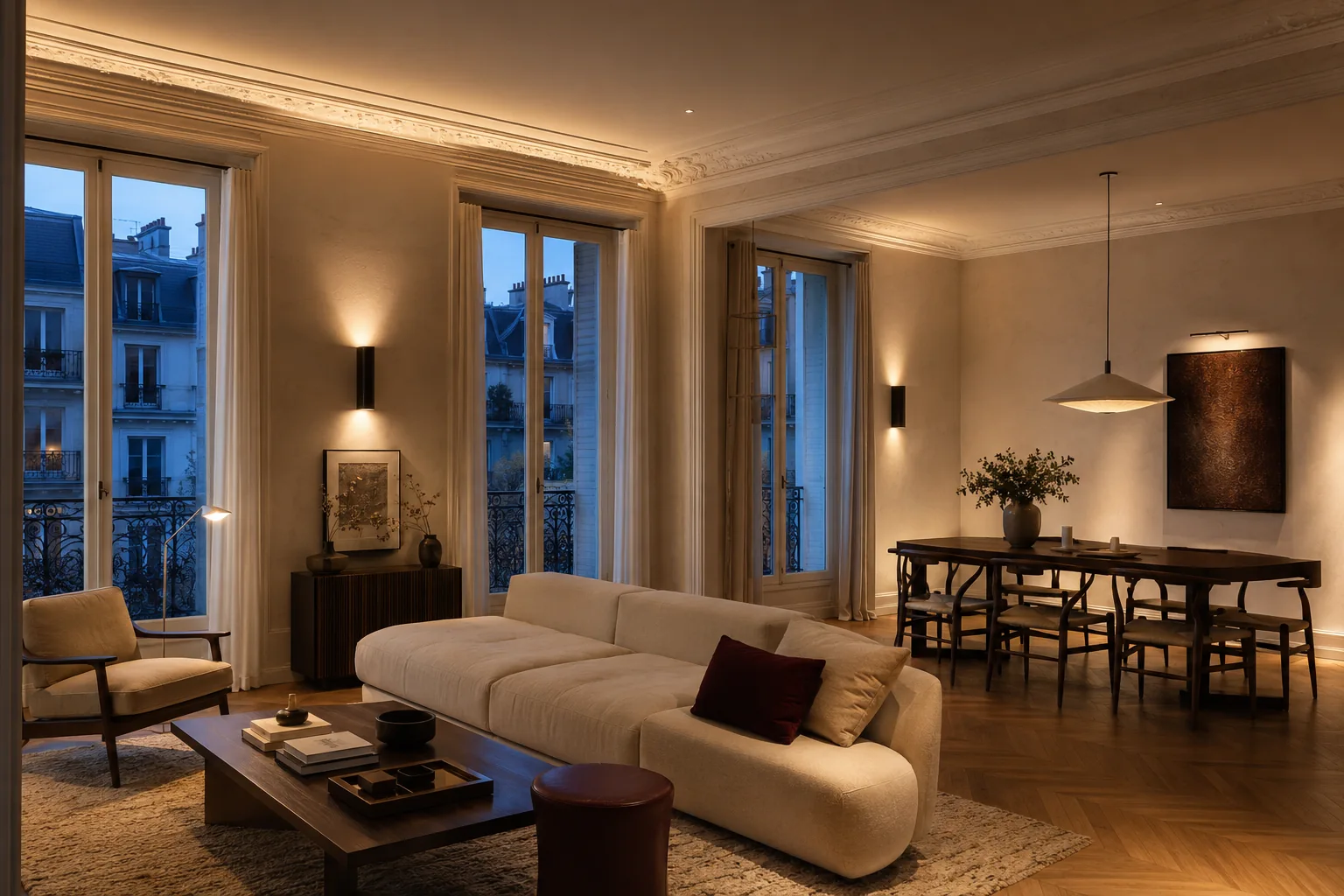Salon parisien rénové avec plusieurs couches de lumière chaude et éclairage architectural