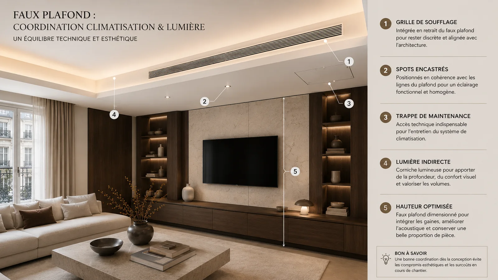 Faux plafond haut de gamme coordonnant climatisation, lumière indirecte, spots, trappe technique et hauteur optimisée dans un appartement parisien. Faux plafond haut de gamme coordonnant climatisation, lumière indirecte, spots, trappe technique et hauteur optimisée dans un appartement parisien.