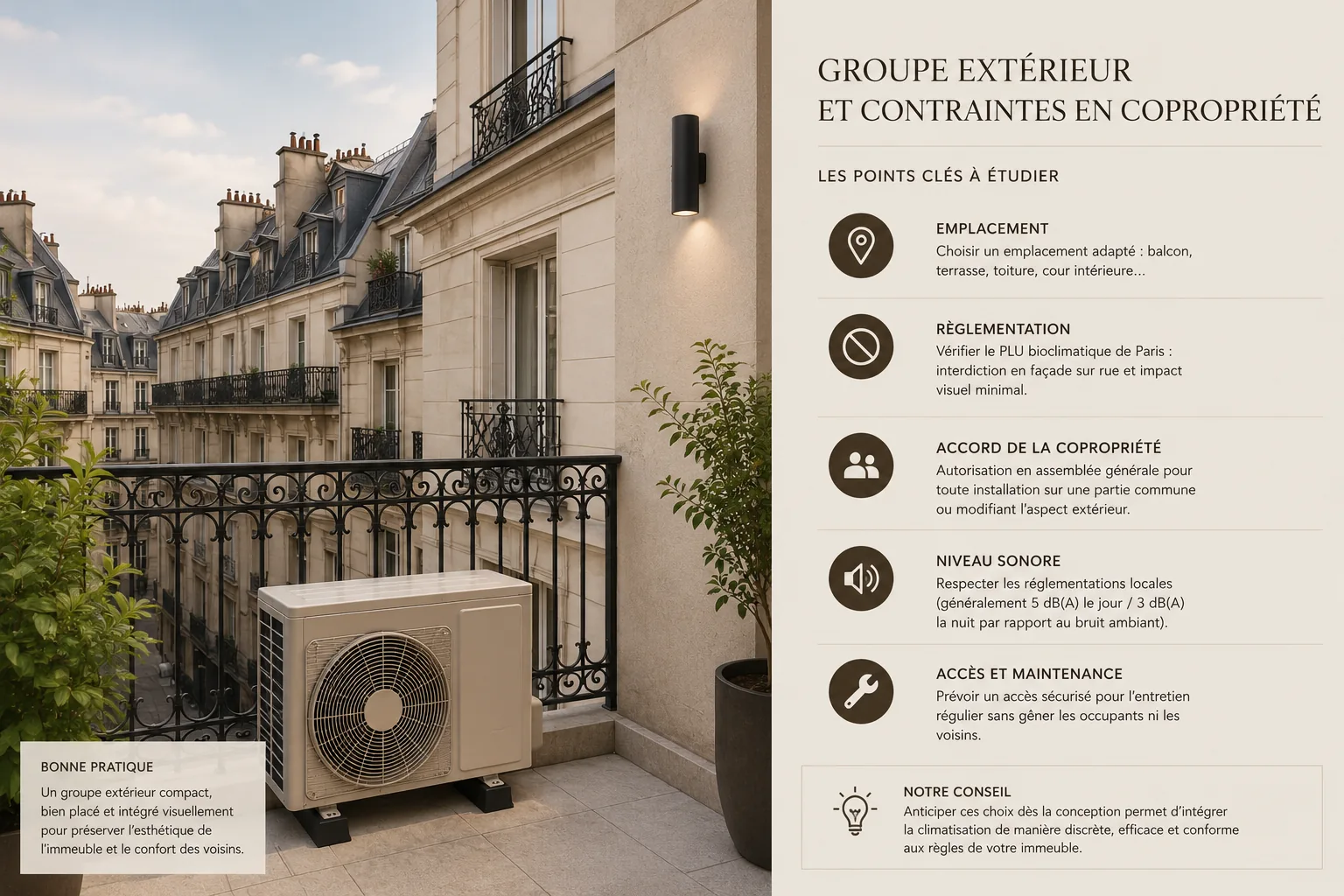 Groupe extérieur de climatisation sur un balcon parisien avec points de vigilance liés à la copropriété, au PLU, au bruit et à la maintenance. Groupe extérieur de climatisation sur un balcon parisien avec points de vigilance liés à la copropriété, au PLU, au bruit et à la maintenance.