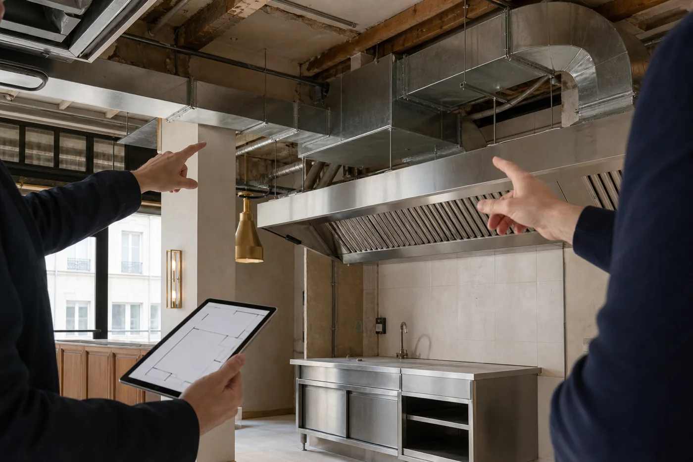 Inspection d’une hotte et des conduits d’extraction d’une cuisine professionnelle avant travaux à Paris Inspection d’une hotte et des conduits d’extraction d’une cuisine professionnelle avant travaux à Paris