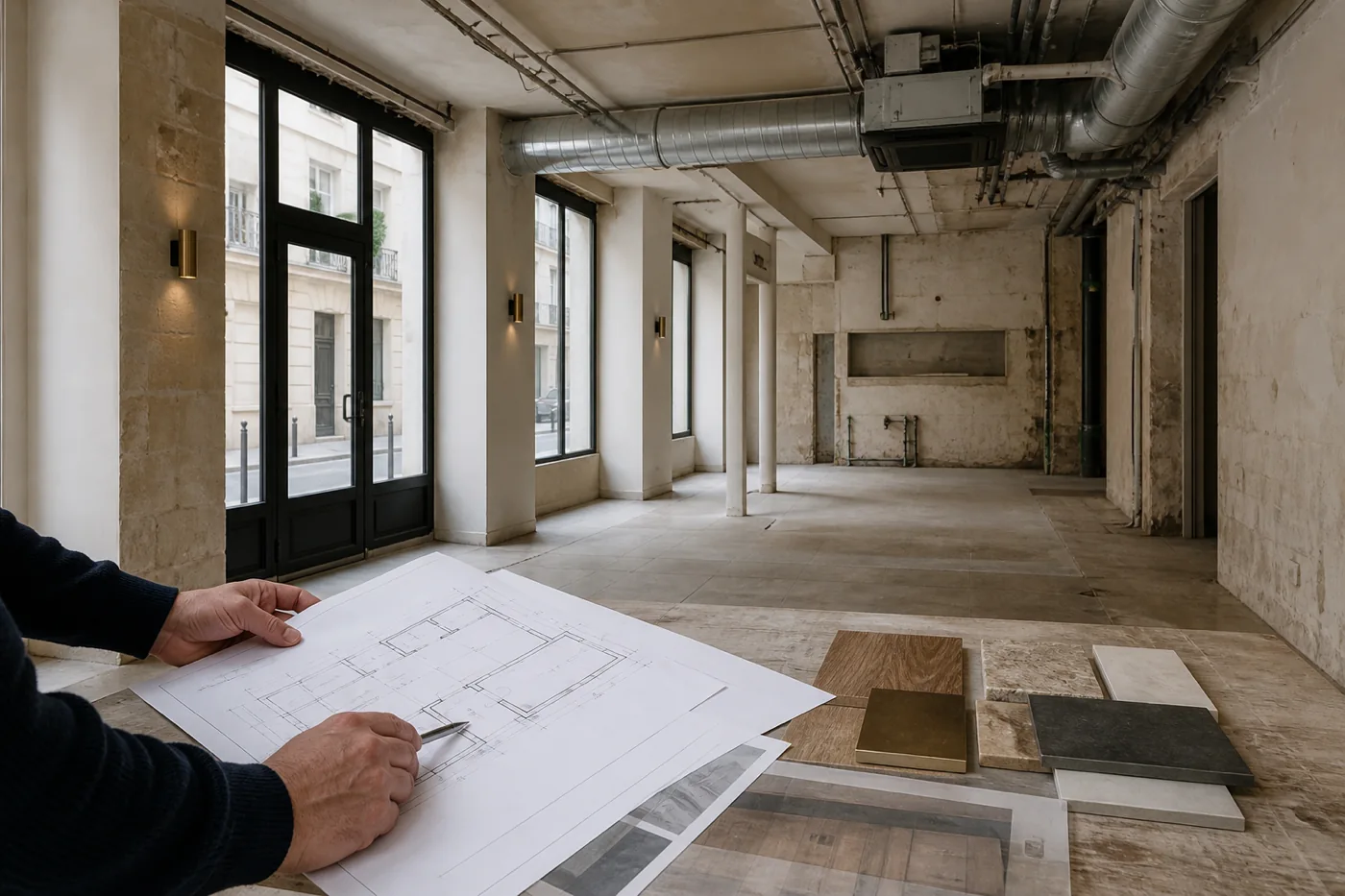 Architecte étudiant les plans et les matériaux d’un local commercial parisien avant sa rénovation en restaurant Architecte étudiant les plans et les matériaux d’un local commercial parisien avant sa rénovation en restaurant