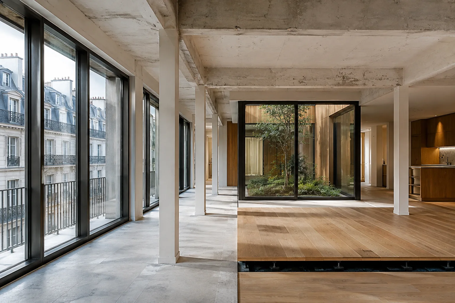 Plateau de bureaux parisien transformé en logements autour d’un patio lumineux