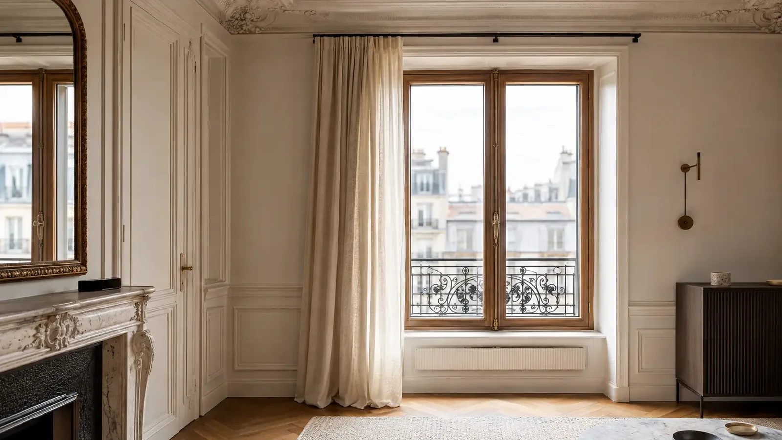 Fenêtre en bois intégrée dans un appartement haussmannien rénové à Paris