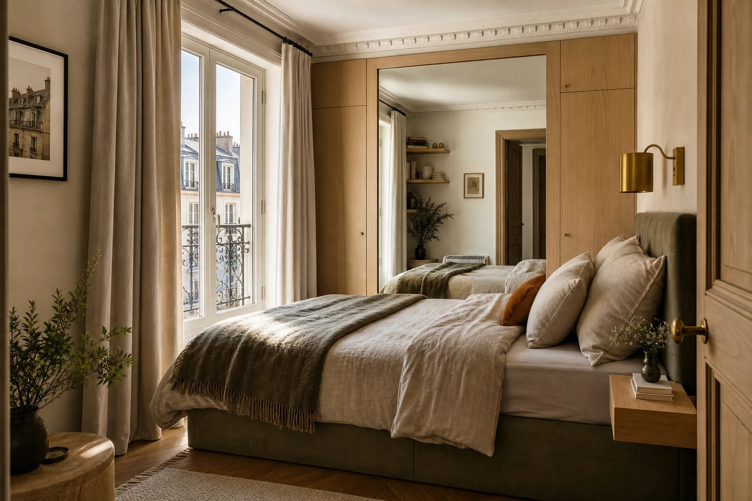 Petite chambre parisienne optimisée avec miroir, rangements intégrés et mobilier suspendu
