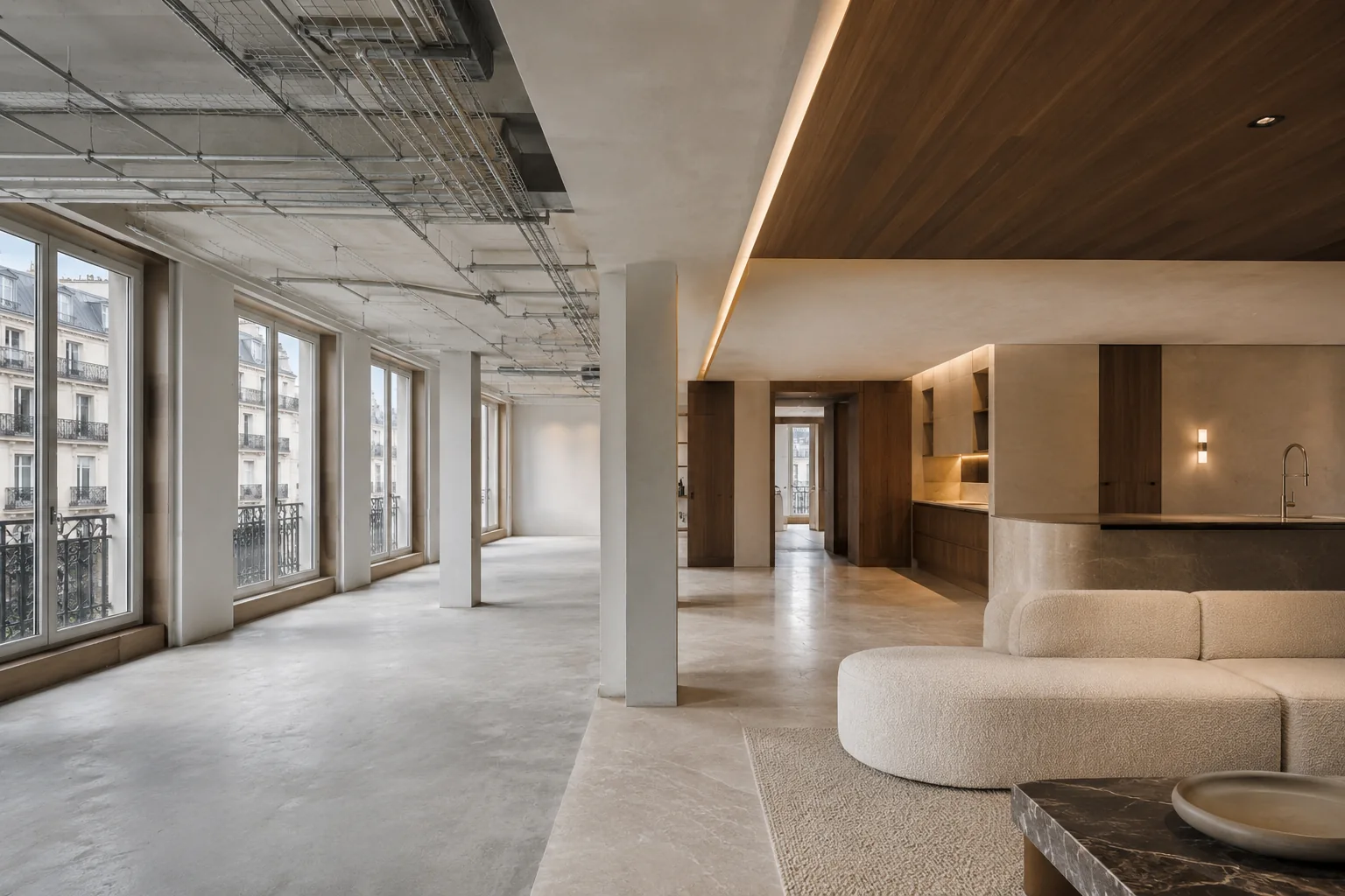 Ancien plateau de bureaux parisien transformé en logement haut de gamme avec pierre, noyer et lumière indirecte