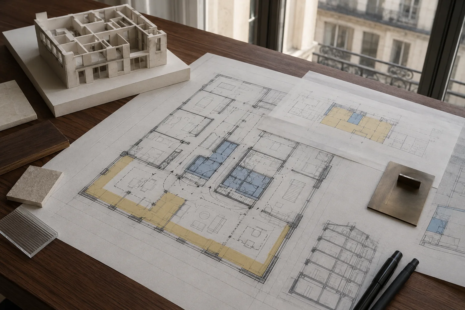 Étude de faisabilité et plans pour transformer des bureaux en logements à Paris