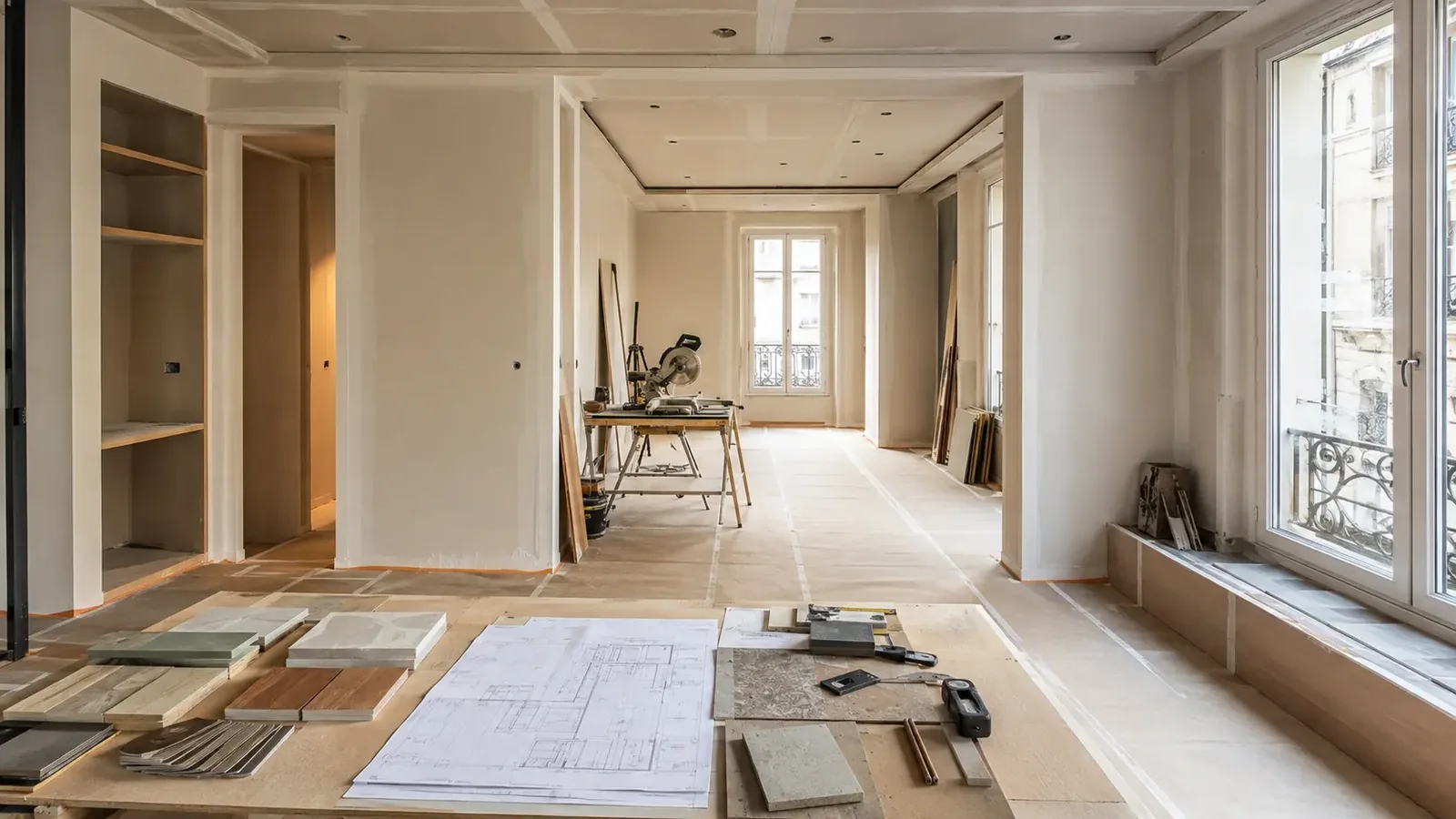 Chantier de rénovation d’appartement parisien propre, protégé et organisé selon les plans