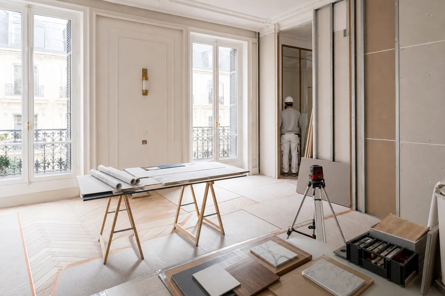 Chantier organisé de rénovation d’un appartement parisien avec plans et finitions haut de gamme Chantier organisé de rénovation d’un appartement parisien avec plans et finitions haut de gamme