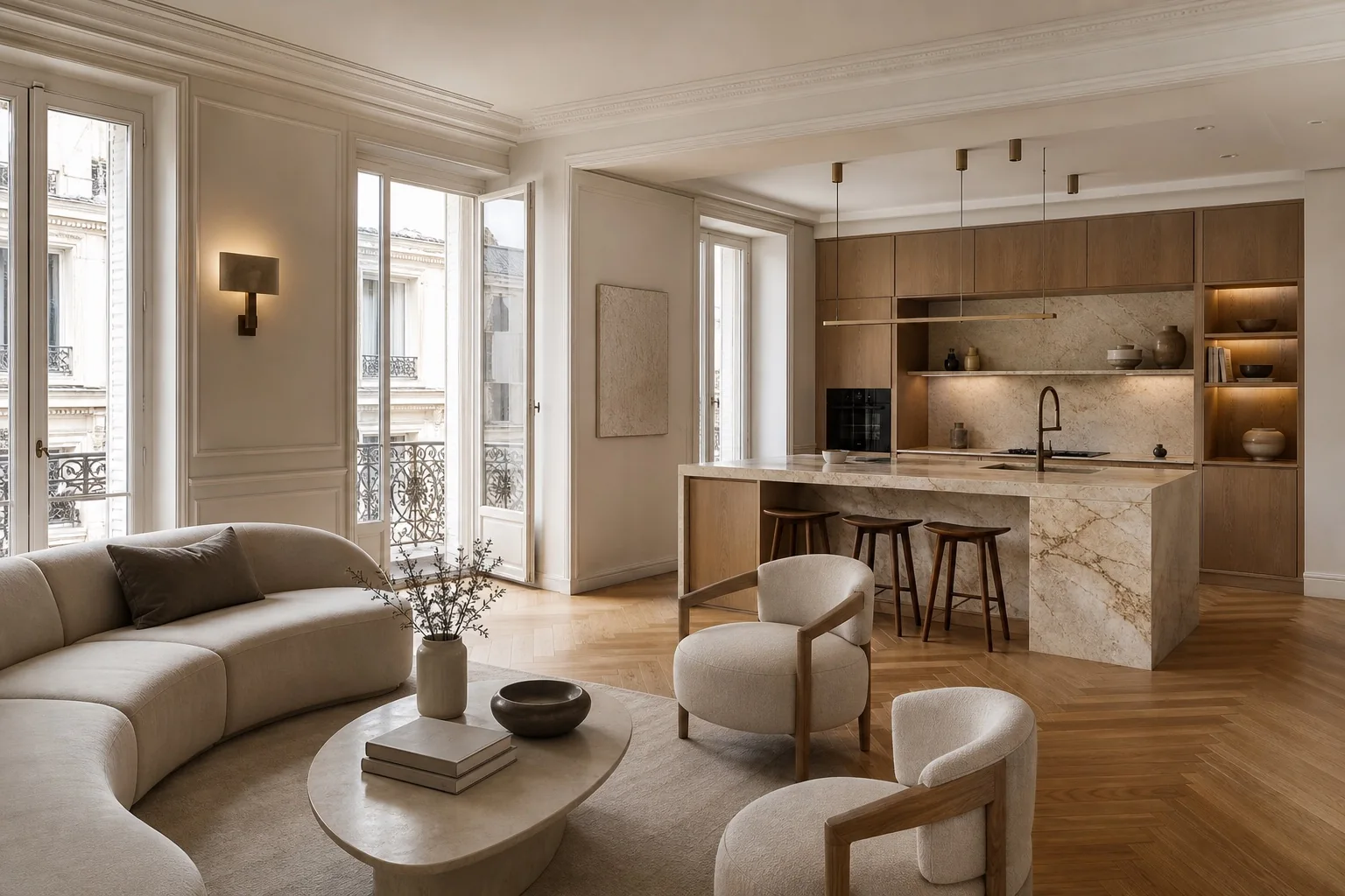Appartement parisien rénové haut de gamme avec cuisine en pierre, parquet point de Hongrie et espace de vie élégant Appartement parisien rénové haut de gamme avec cuisine en pierre, parquet point de Hongrie et espace de vie élégant