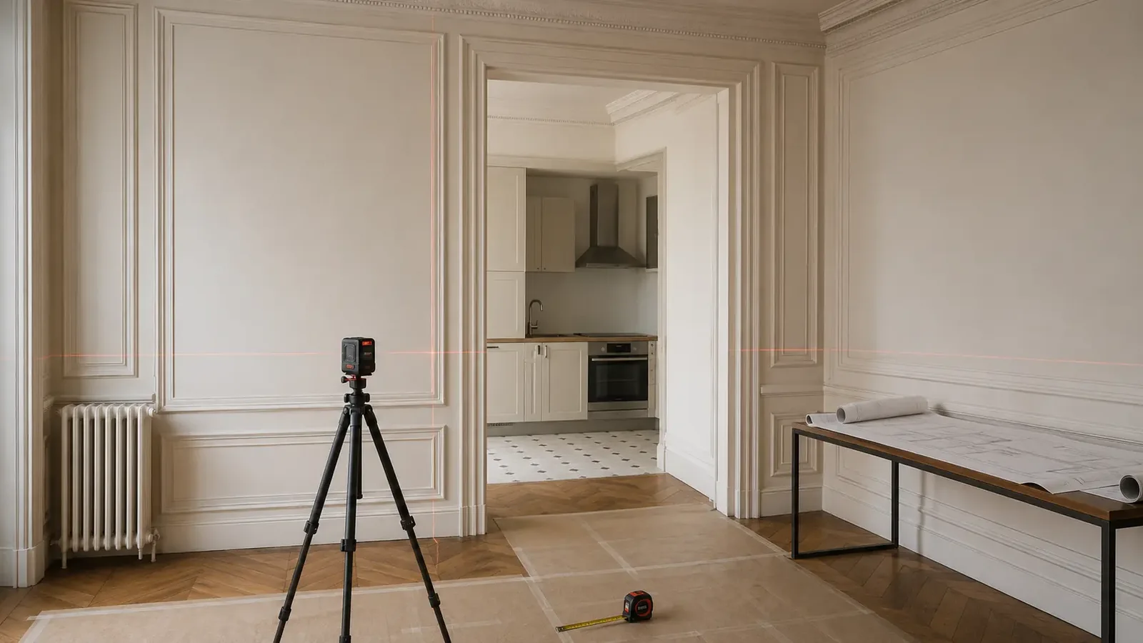 Relevé technique au laser dans un appartement parisien avant conception des travaux