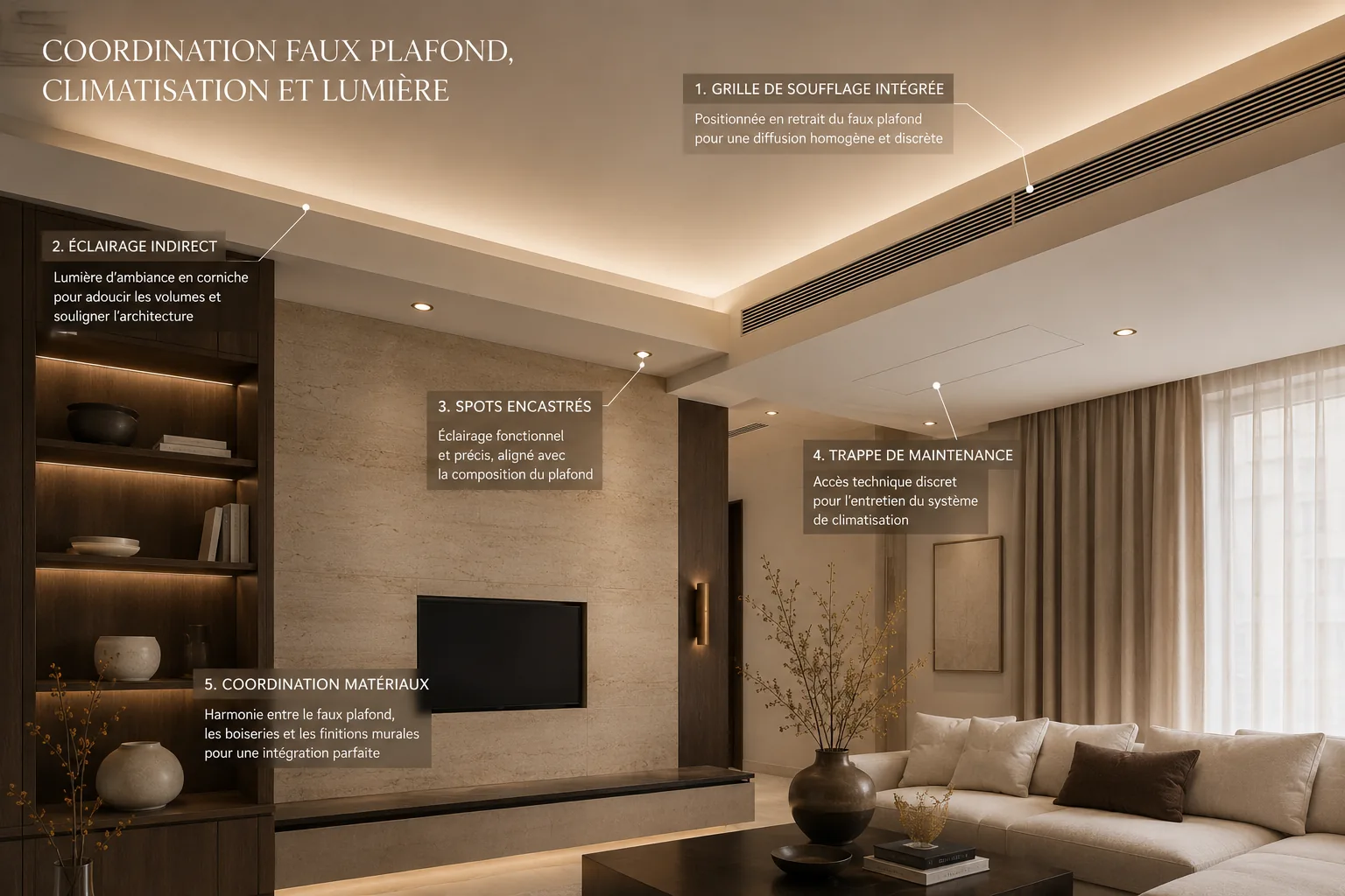 Coordination d’un faux plafond entre climatisation gainable, grille de soufflage, éclairage indirect, spots encastrés et trappe de maintenance. Coordination d’un faux plafond entre climatisation gainable, grille de soufflage, éclairage indirect, spots encastrés et trappe de maintenance.