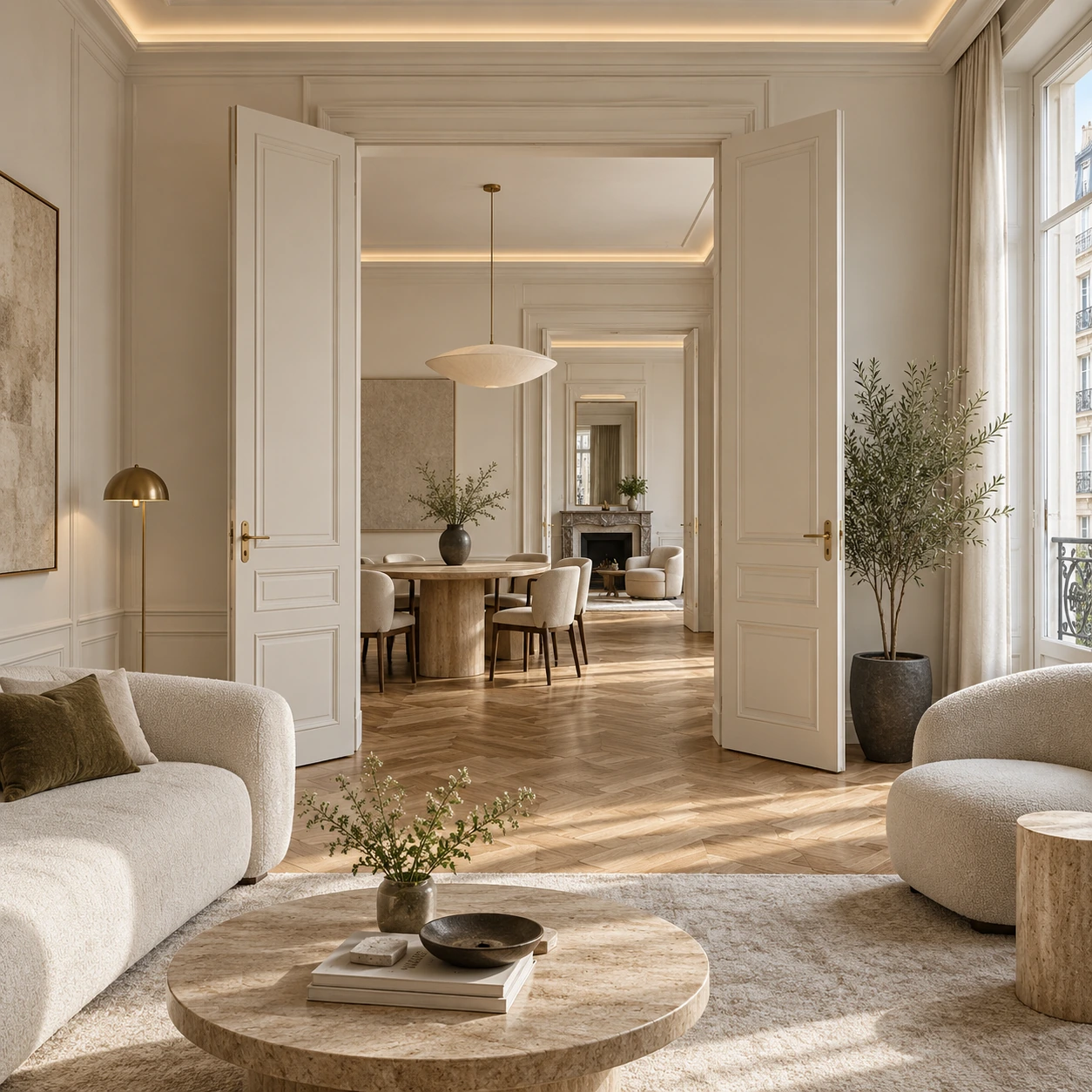 Salon avec moulures, parquet et ouverture sur la salle à manger Salon avec moulures, parquet et ouverture sur la salle à manger