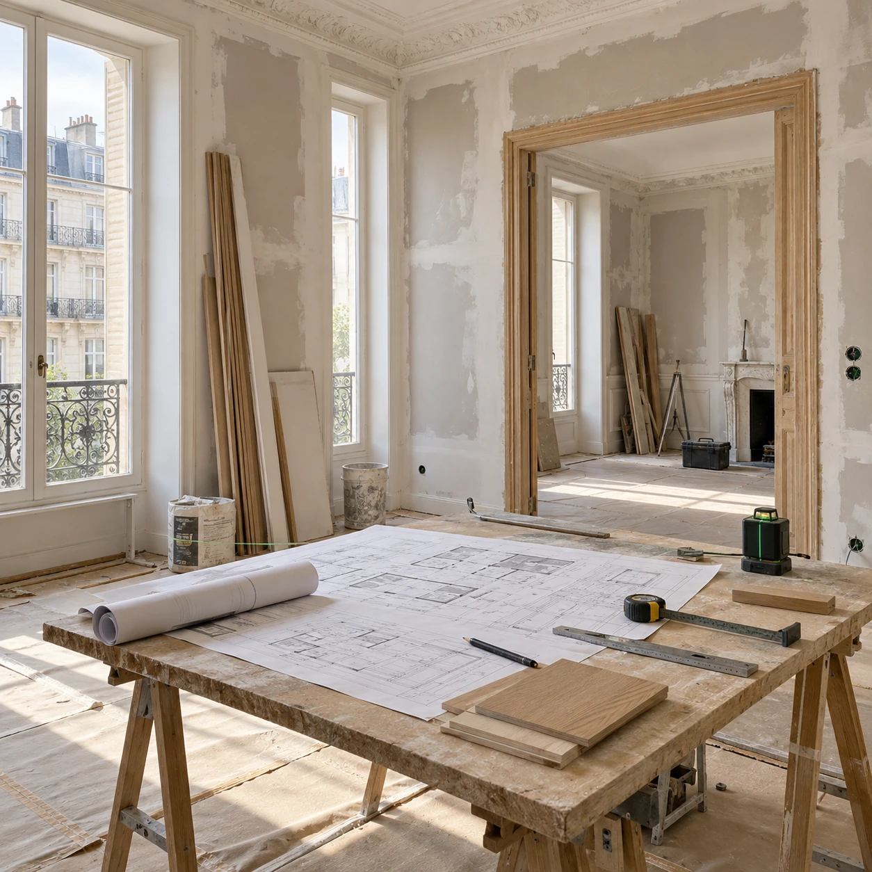 Intérieur en rénovation, plans sur établi et instruments de mesure Intérieur en rénovation, plans sur établi et instruments de mesure
