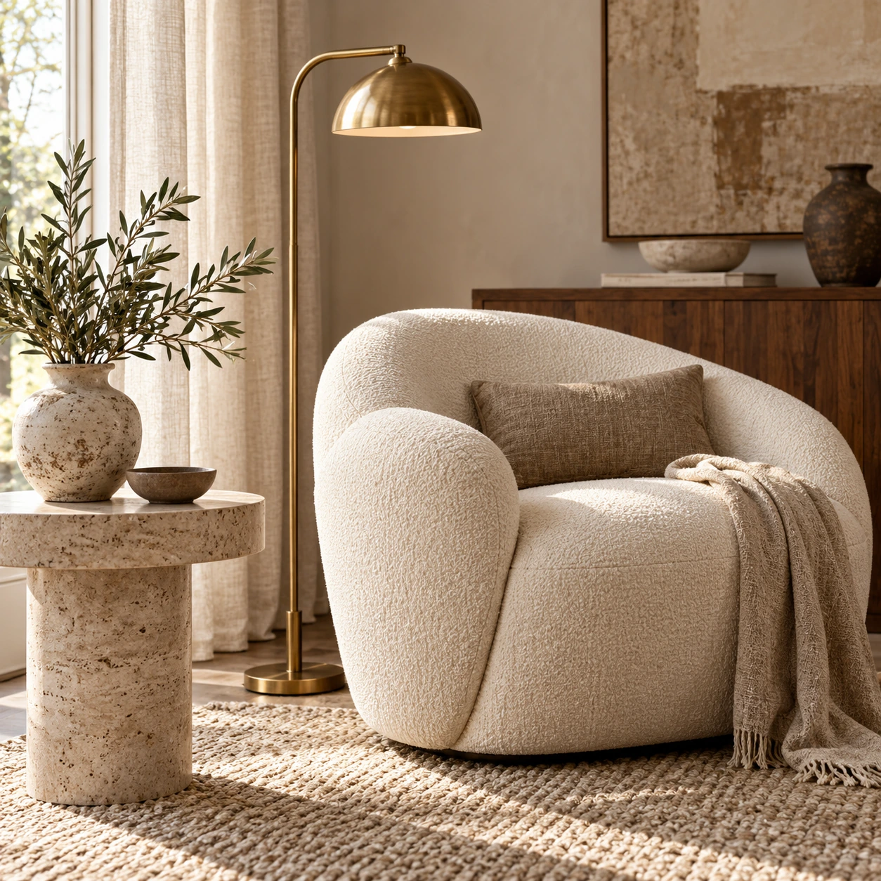 Fauteuil bouclé, céramique et éclairage en laiton