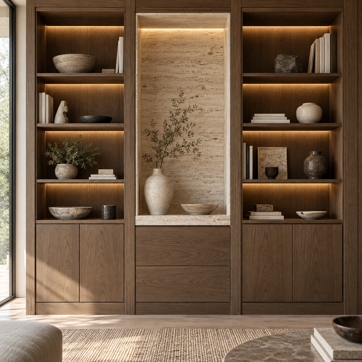 Bibliothèque en bois avec niches éclairées et rangements fermés