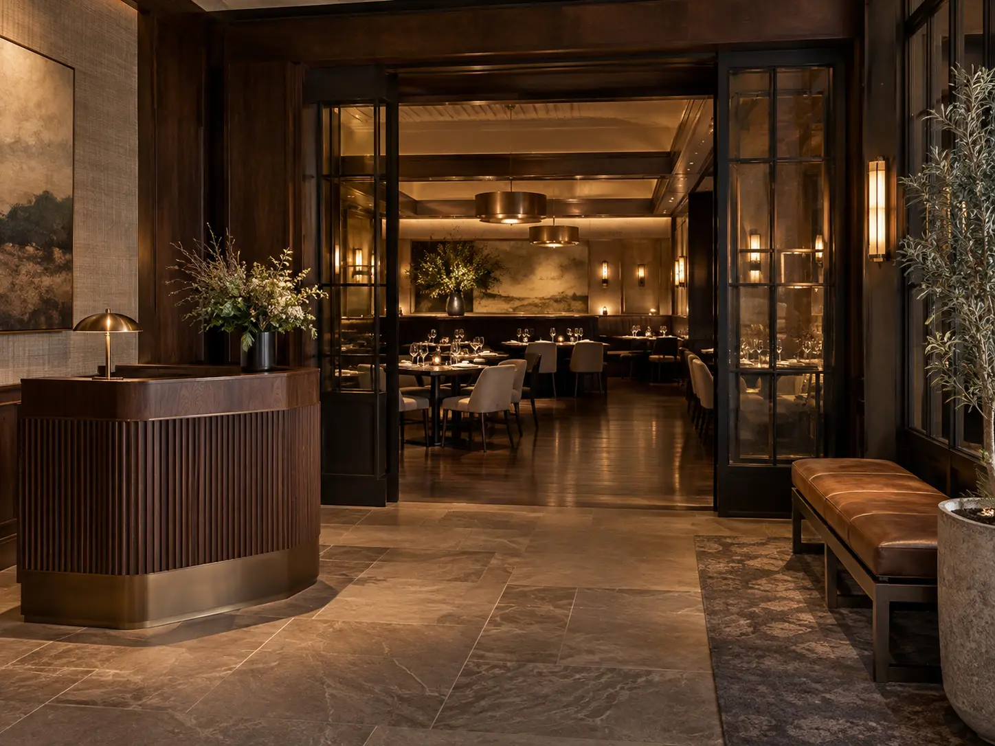 Entrée de restaurant avec accueil visible et salle en profondeur Entrée de restaurant avec accueil visible et salle en profondeur
