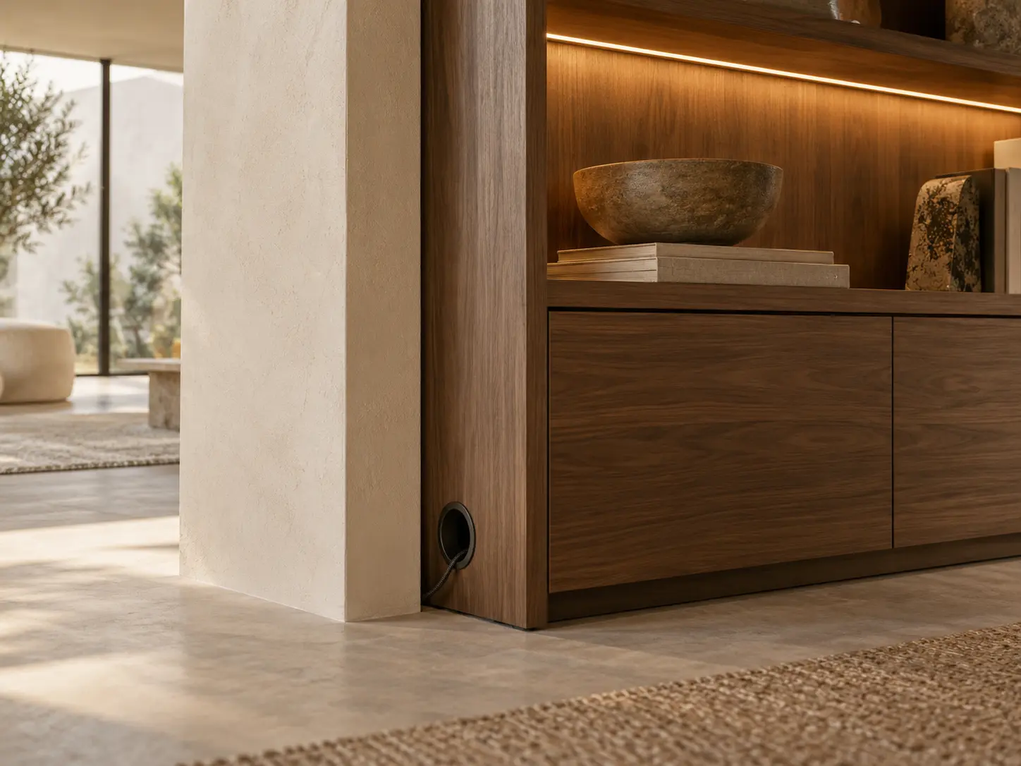 Détail de menuiserie et de rangement intégré en bois naturel