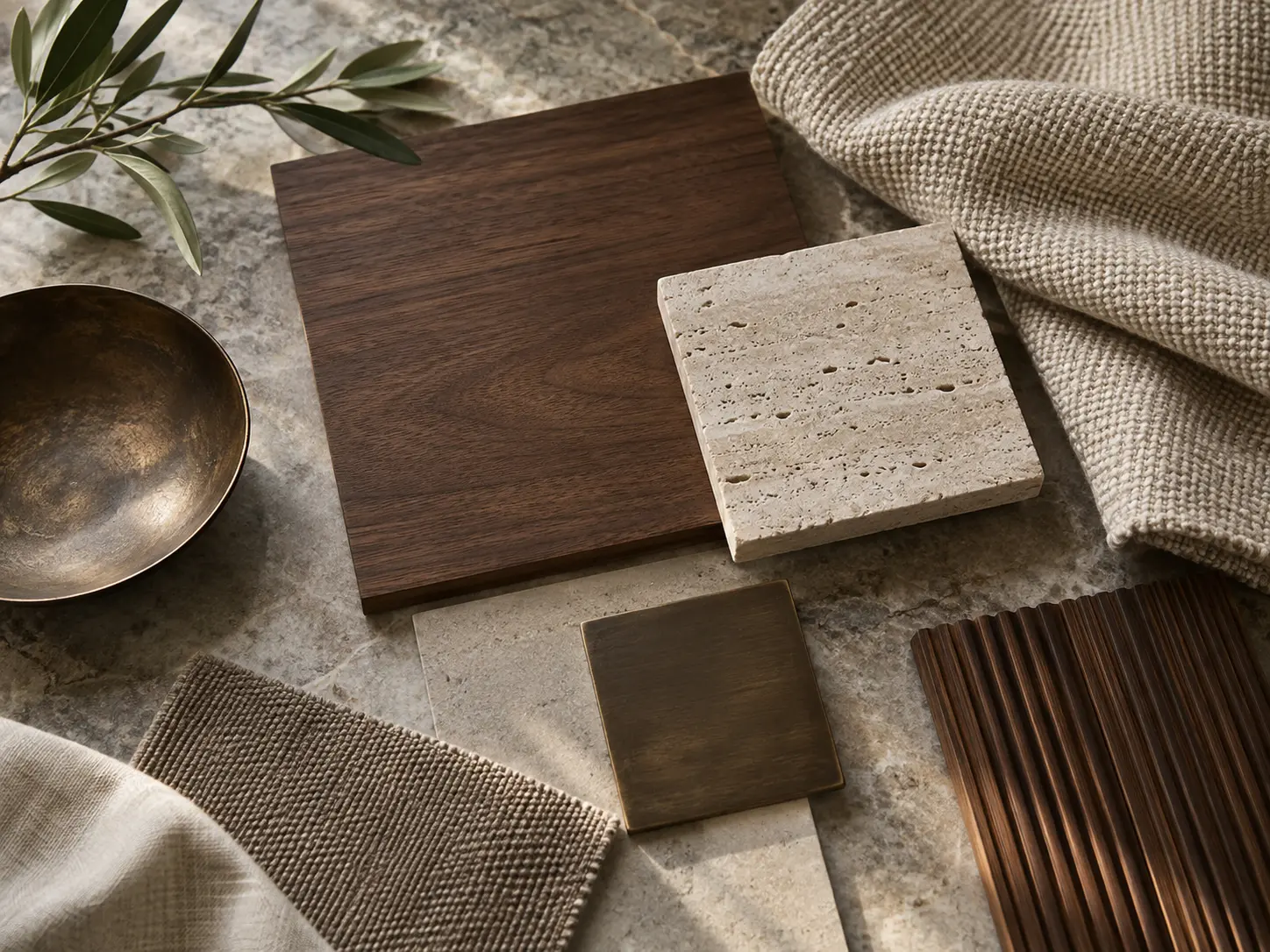Échantillons de bois, pierre et textile réunis sur une table
