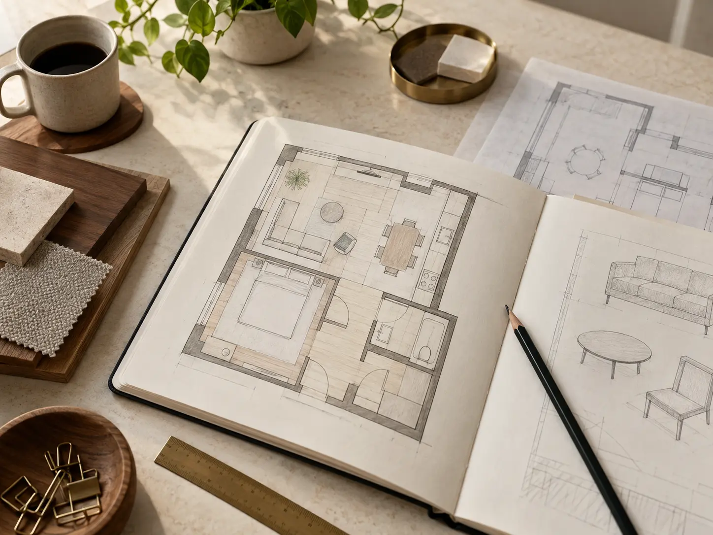 Trois variantes de plan d’appartement dessinées sur un carnet