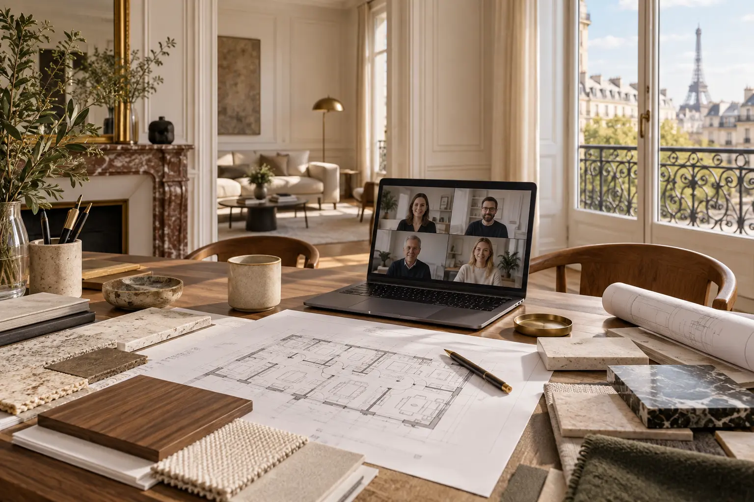 Plans et échantillons préparés pour une rénovation parisienne pilotée à distance