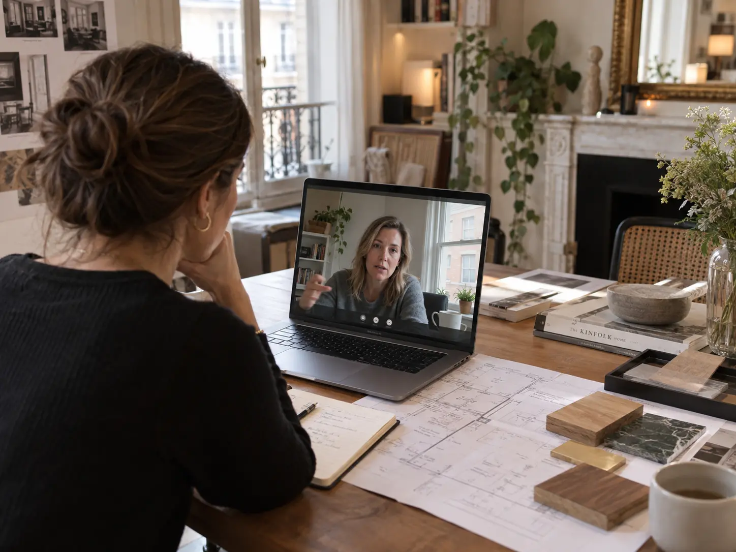 Architecte d’intérieur à Paris échangeant en visioconférence avec une cliente aux États-Unis Architecte d’intérieur à Paris échangeant en visioconférence avec une cliente aux États-Unis