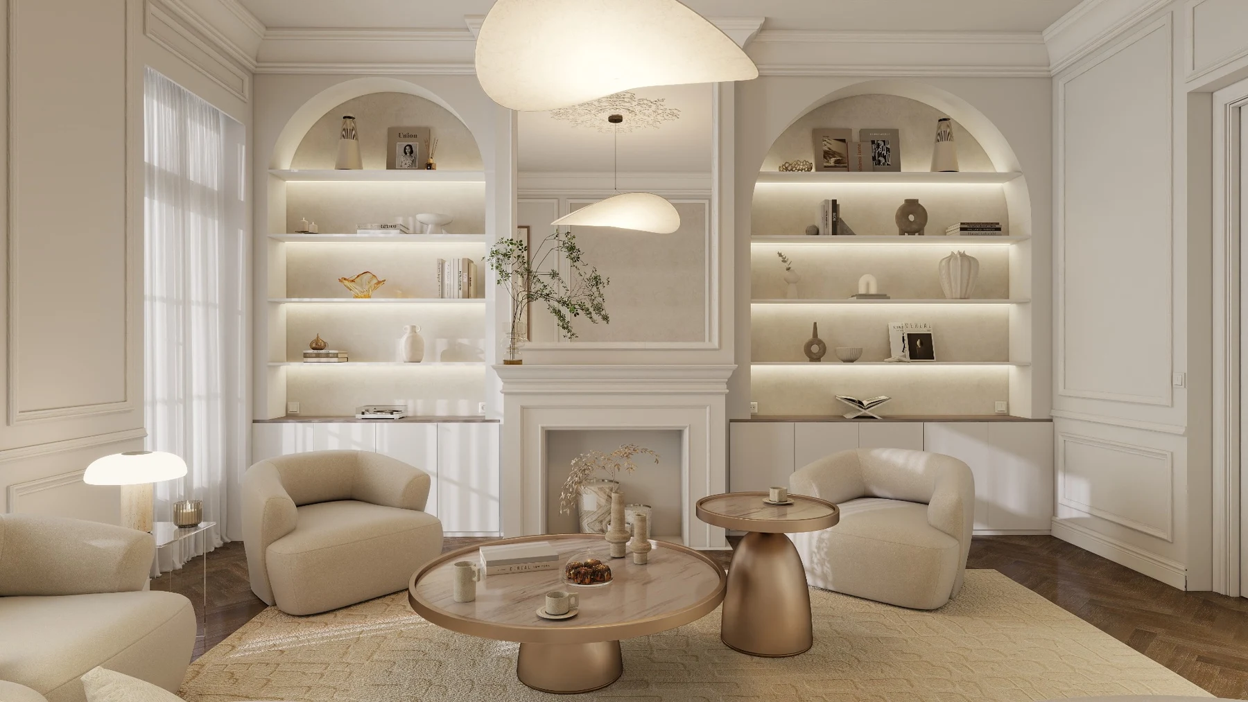 Salle d’attente à Marseille — niches cintrées éclairées et assises claires Salle d’attente à Marseille — niches cintrées éclairées et assises claires